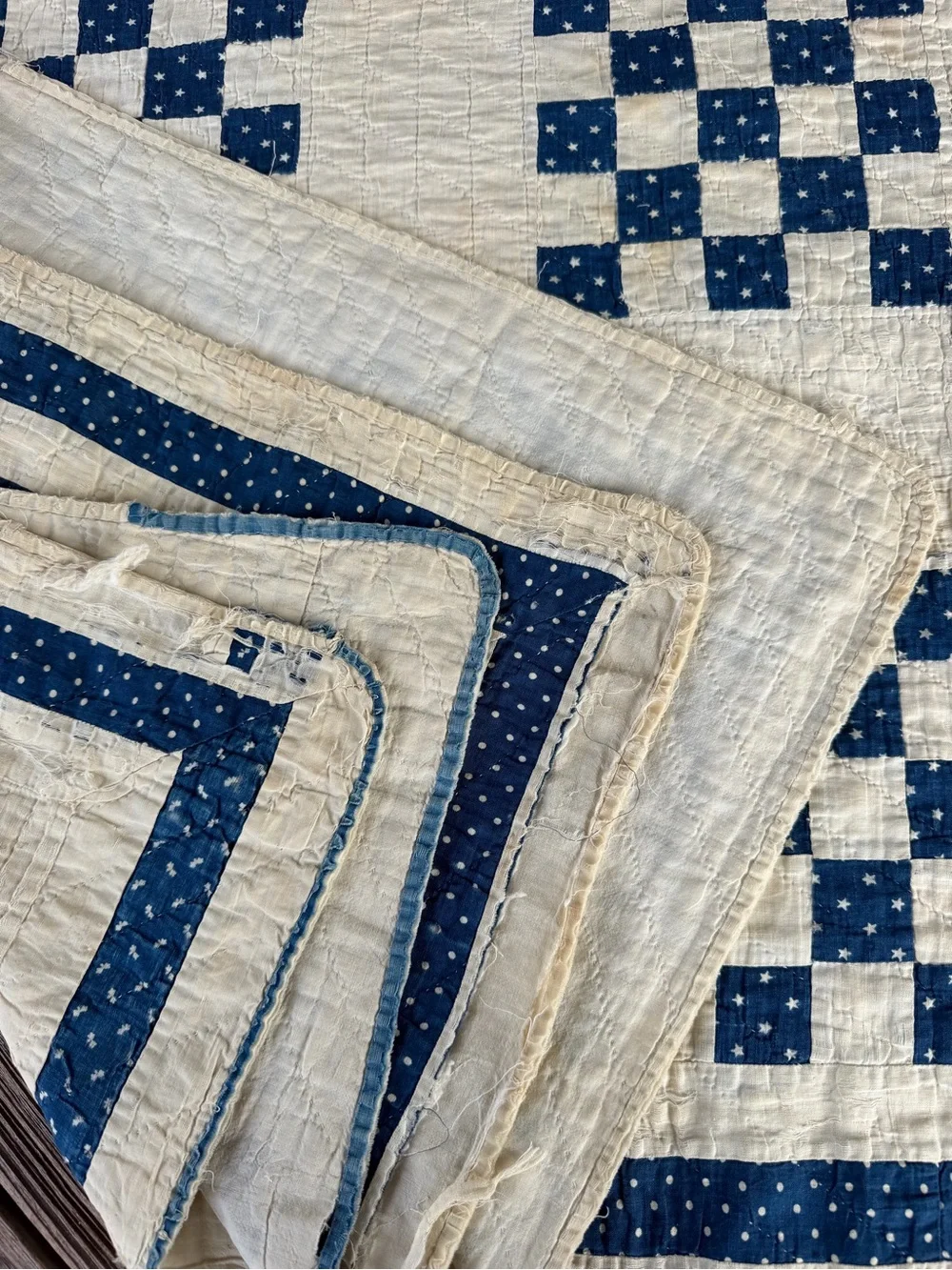 VTG Irish Chain Quilt Blue White Stars Soft Gauzy Cotton 1940s Cutter 70x75